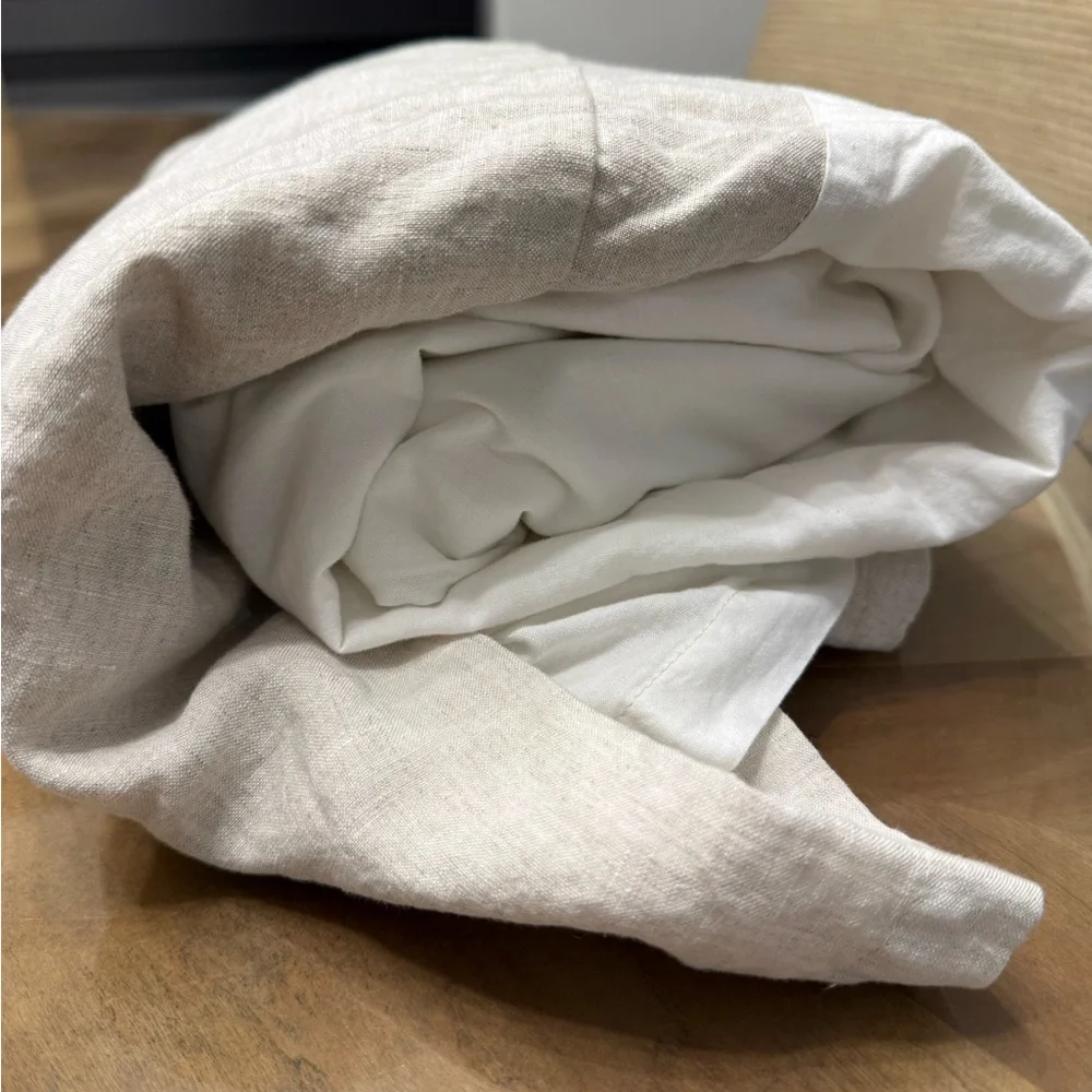 Pottery Barn White and Tan Linen Bed Skirt - Picture 2 of 6